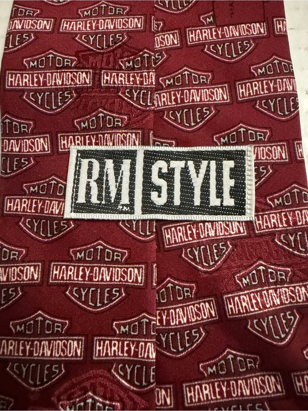 Ralph Marlin 90s Harley Davidson Classic Iconic Logo Burgundy Silk Tie RM Style